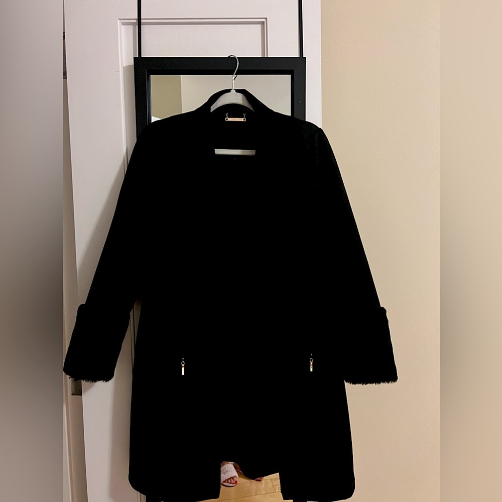 T Tahari Faux Suede coat with fur trim